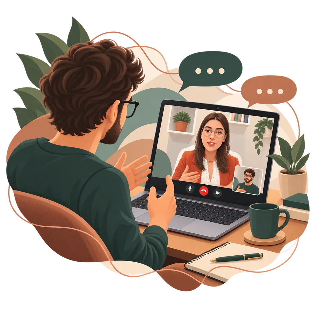 Ilustração de homem conversando com Karina em uma videochamada individual