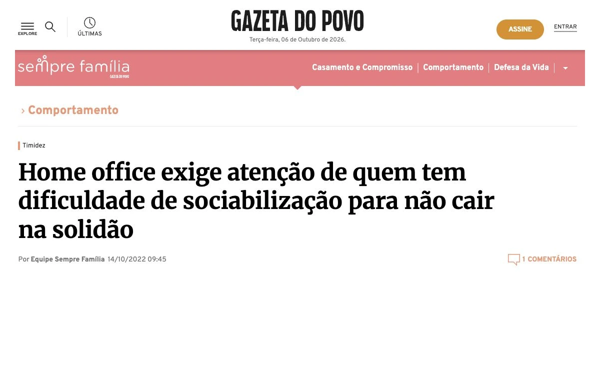 Recorte editorial matéria Sempre Família Gazeta do Povo home office e dificuldade de sociabilização