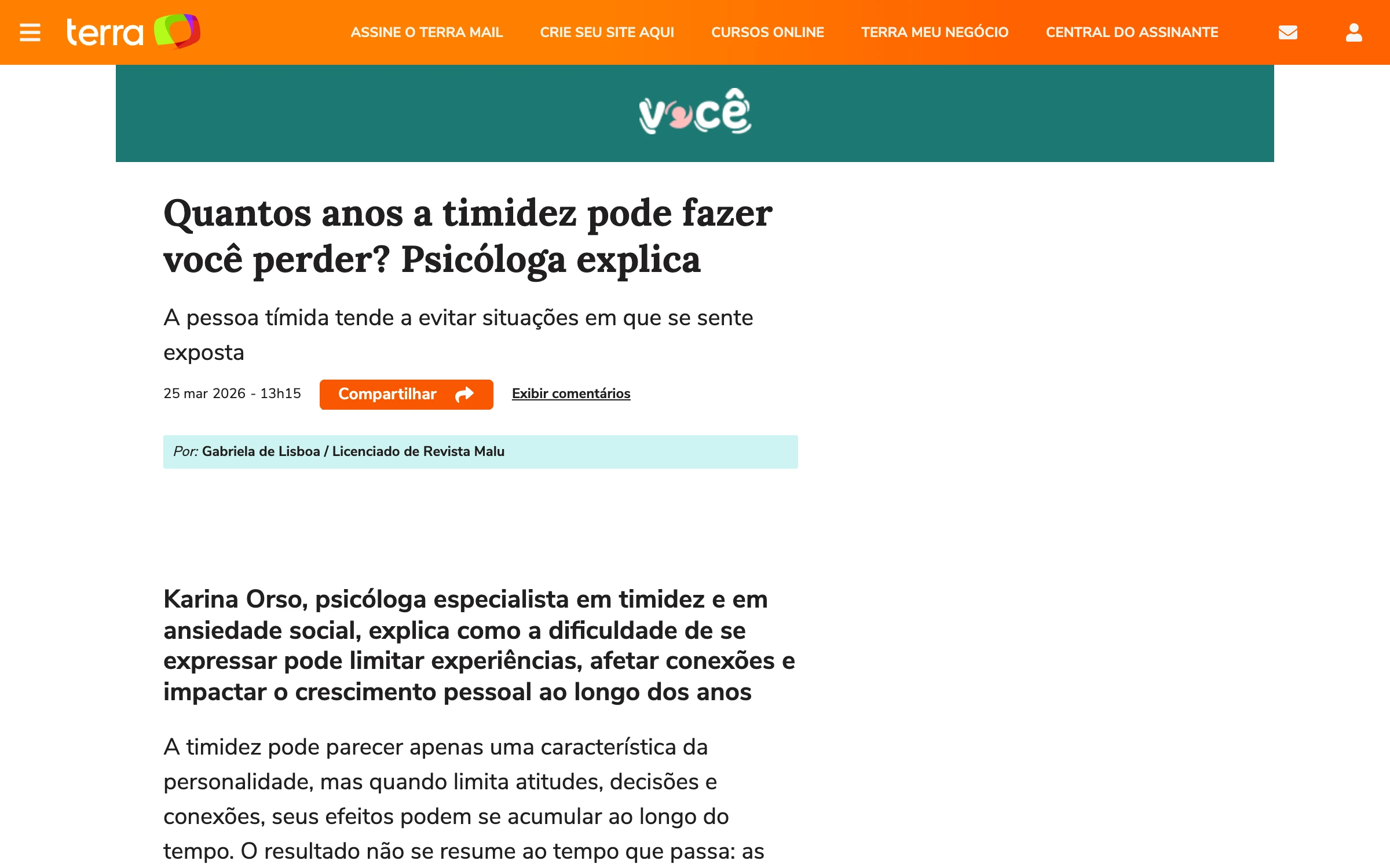 Recorte editorial matéria Terra quantos anos a timidez pode fazer você perder psicóloga Karina Orso