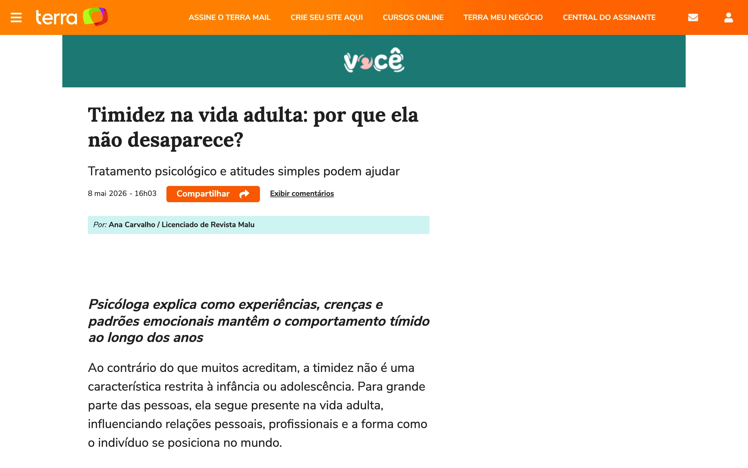 Recorte editorial matéria Terra timidez na vida adulta psicóloga Karina Orso