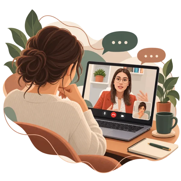 Ilustração de mulher em atendimento online com Karina por videochamada individual